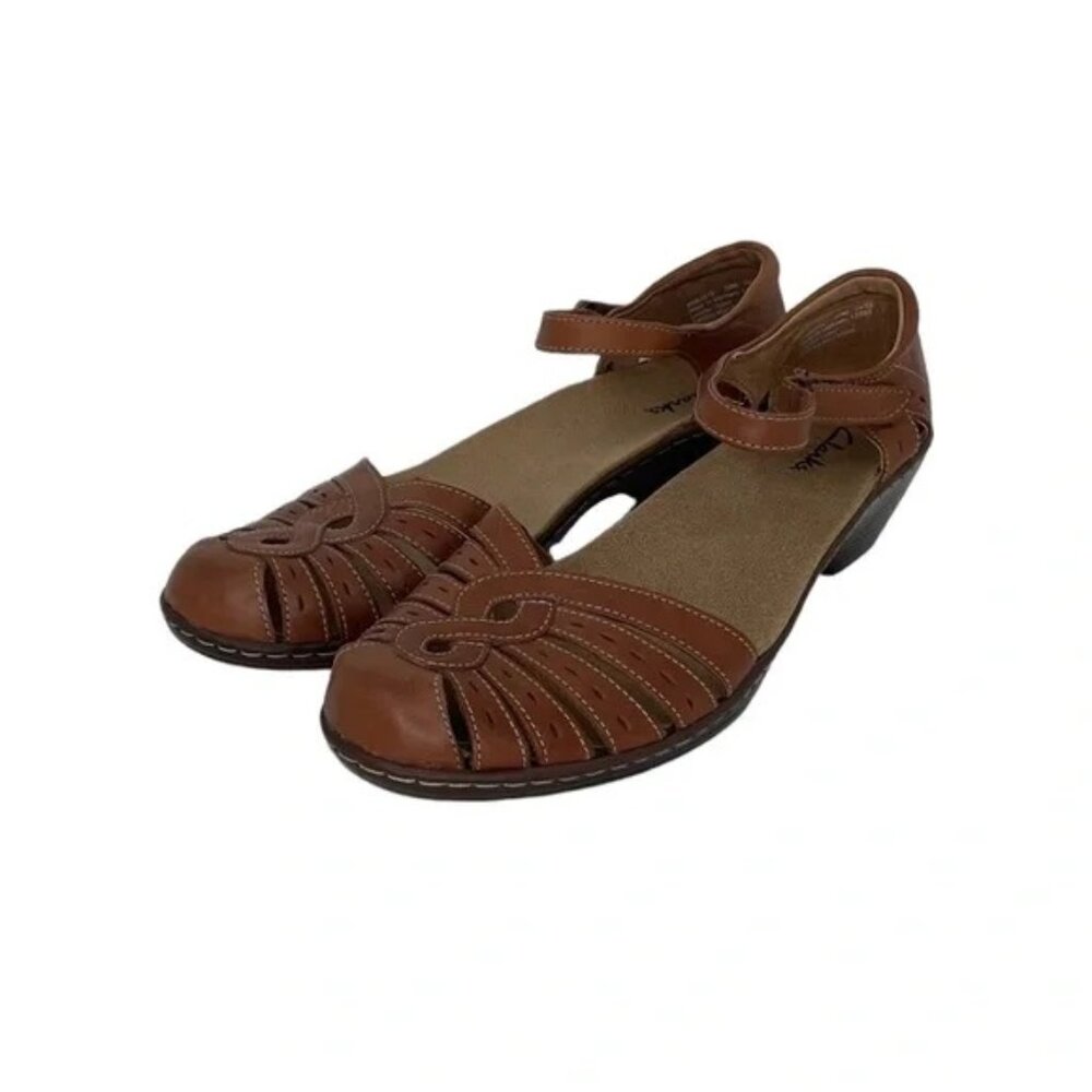 CLARKS Heeled Sandals Brown Leather Ankle Strap Size 10